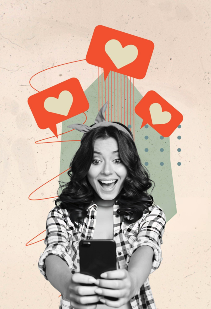 Ekspand Worker holding phone with social media likes popping from around her head